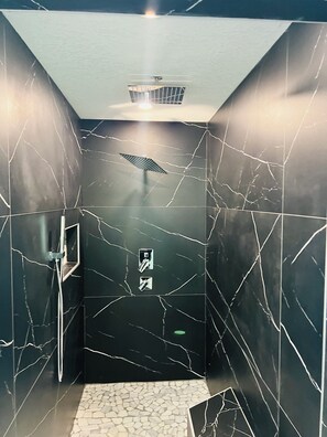 A modern bathroom with a black marble wall, a shower area, and a ceiling-mounted light fixture.