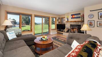 Smart TV, fireplace, books, stereo