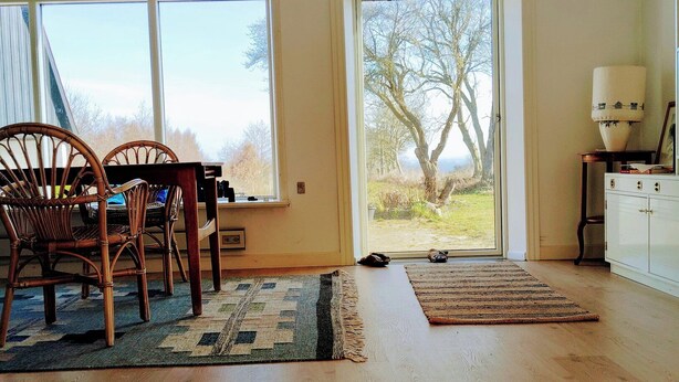 Een kamer met een eettafel, stoelen, een vloerkleed, een kast en grote ramen met uitzicht op bomen en gras.