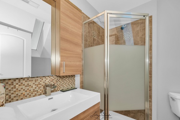 Shower, jetted tub, hair dryer, towels
