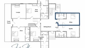 Plan d’un étage d’un hôtel, situé au premier étage, avec indication des différentes pièces, notamment un salon, une salle de séjour, la suite Zeus, la suite Poséidon, la suite Apollon et la suite Atlas.