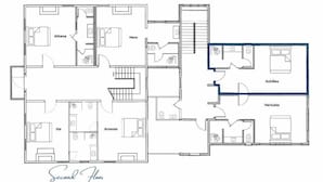 A floor plan of a hotel with multiple rooms, including a master suite, a bathroom, and a kitchen area. - Luxury Private Suite in Boutique Historic Inn The Athenian- Downtown Location (Athens)