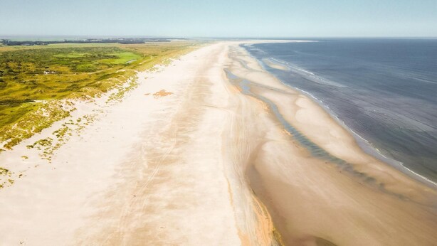 An aerial view of a beach with a long stretch of sand and a green landscape adjacent to the water.