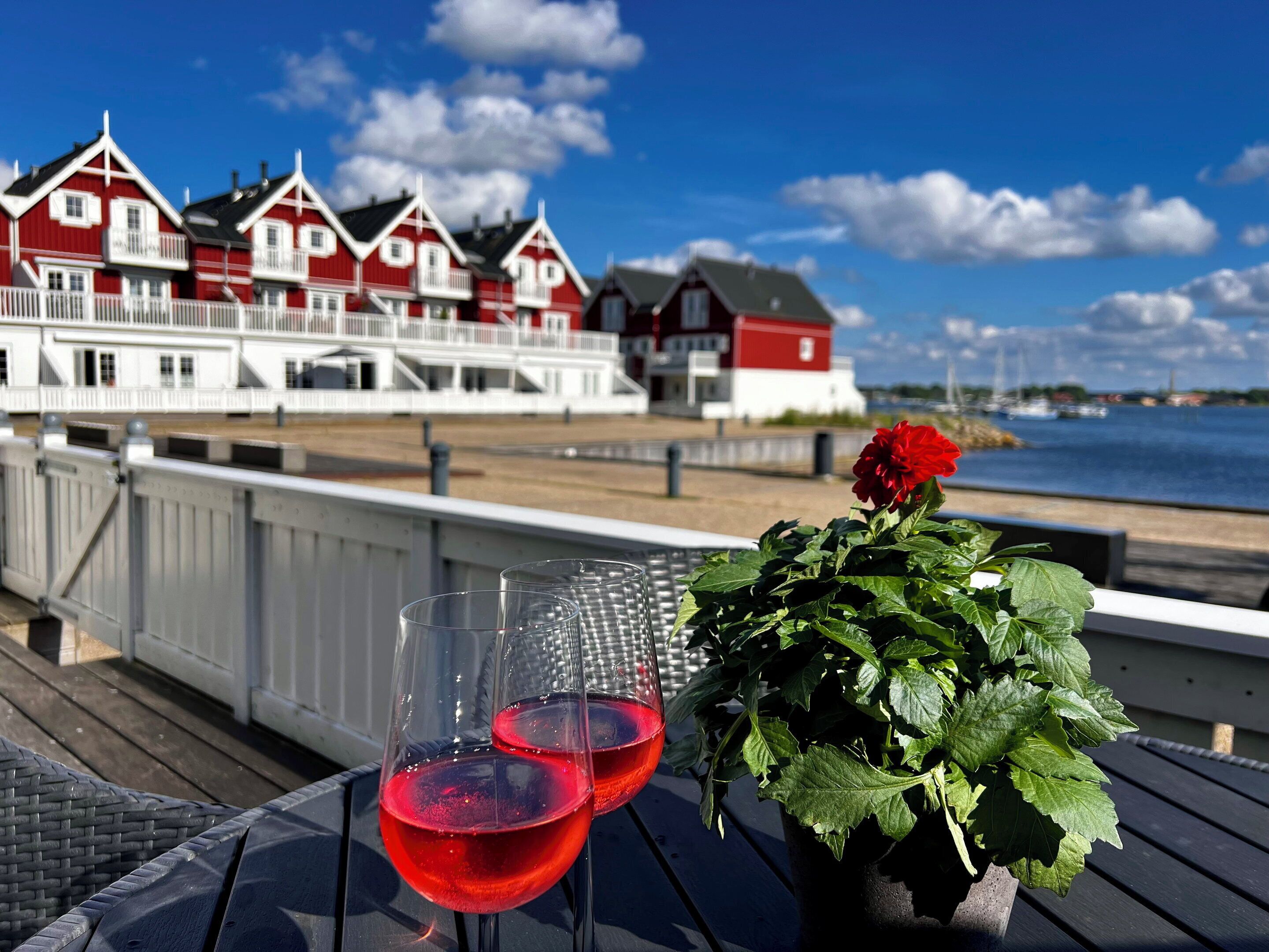 A coastal view with a row of red and white buildings, two glasses of red wine, and a potted plant on a deck.