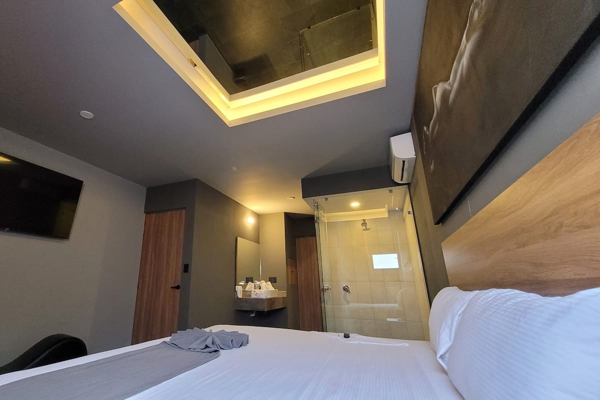 Et hotelværelse med en seng, et skrivebord, et fjernsyn, et spejl, et badeværelse med bruser og en loftlampe.