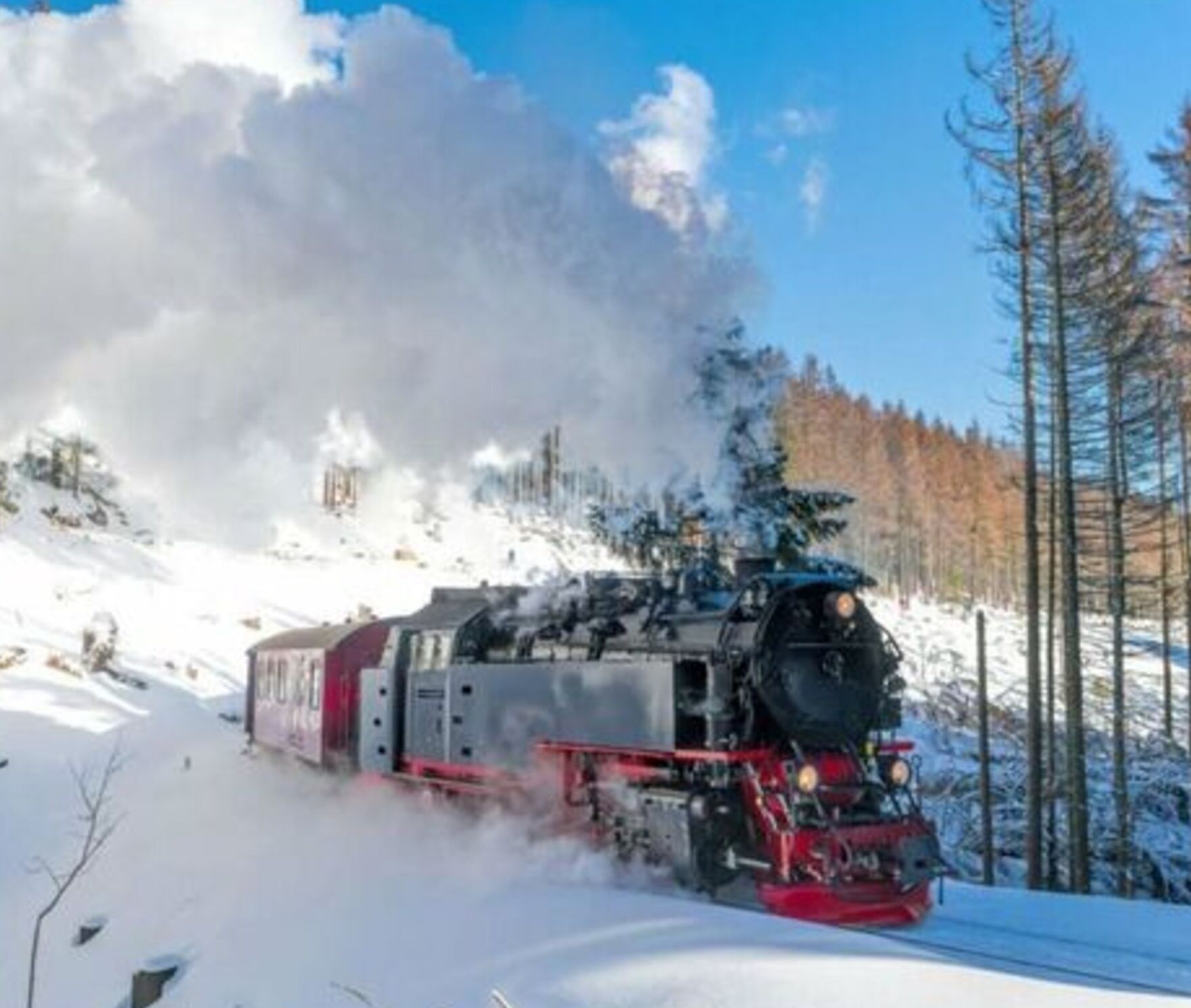 A steam locomotive on a snowy railway track surrounded by trees.