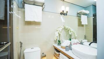 Shower, hair dryer, bidet, towels