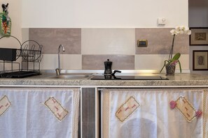 Jääkaappi, mikroaaltouuni, liesi, kahvin-/teenkeitin