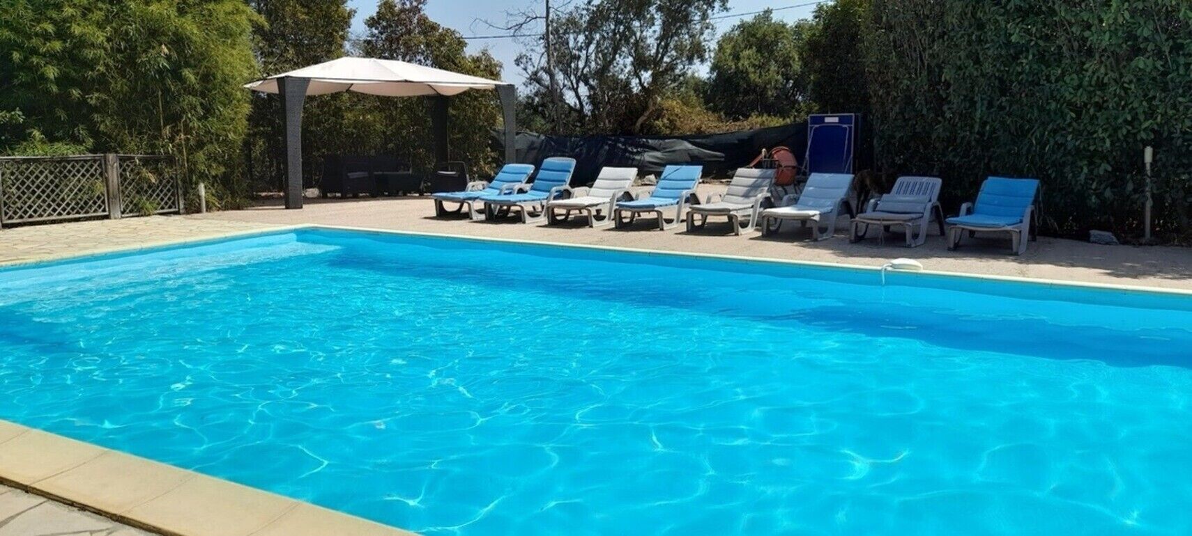 Ein Schwimmbecken mit Liegestühlen und einer schattigen Liegefläche.
