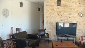 A living room with a TV, leather sofas, wooden chairs, a coffee table, and a stone wall. - Villa 'Via Ferrata' with Mountain View, Private Pool and Private Terrace (Canale-di-Verde)