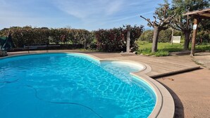 Ein Schwimmbecken mit geschwungener Kante, umgeben von einer Holzterrasse und einem Heckenstreifen.