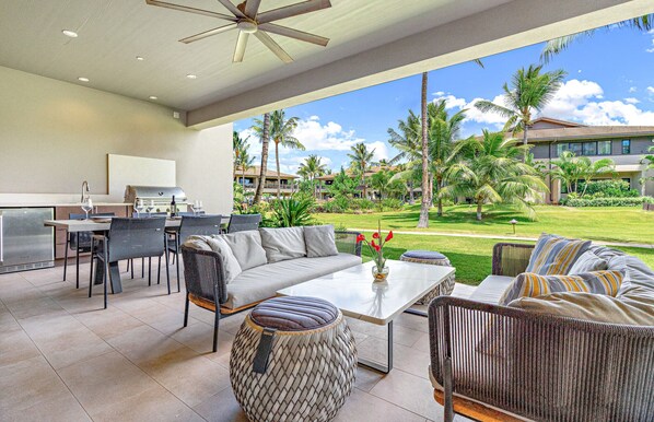 Outdoor dining - Maui Resort Rentals: Luana Garden Villas 18B – Modern 3BR Villa at Kaanapali’s Newest Luxury Residences! (Lahaina)