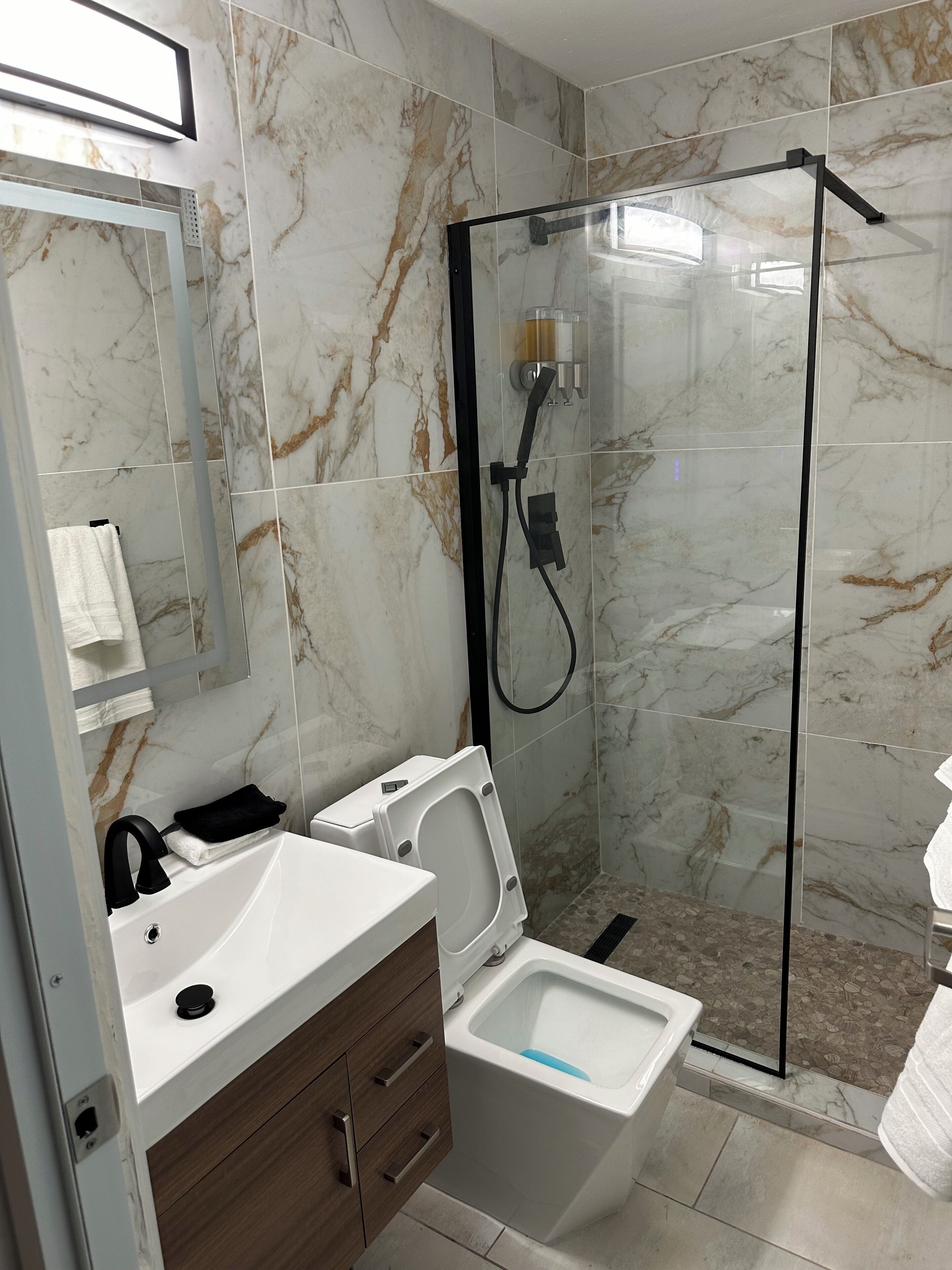 Shower, hair dryer, towels, soap