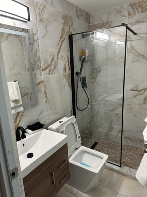 Shower, hair dryer, towels, soap