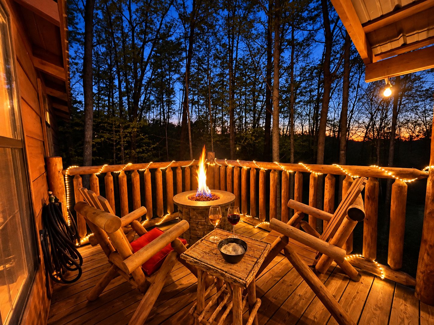 An outdoor wooden deck with a fire pit, seating, and string lights.