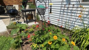 A garden with various plants and flowers, a barbecue grill, and outdoor furniture.