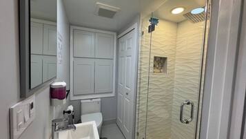 Hair dryer, bidet, towels, soap