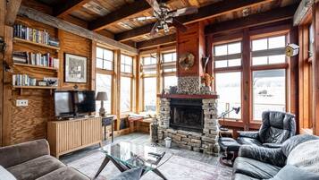 Smart TV, fireplace, DVD player, books