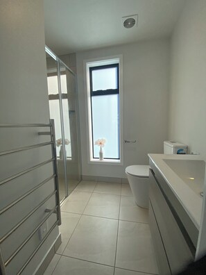A modern bathroom with a glass shower enclosure, a toilet, and a sink with a water-saving device. -   Stylish modern apartment with stunning lighthouse views, close to the beach (Castlepoint)