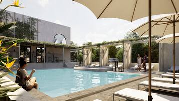 Hồ bơi ngoài trời, mở cửa từ 7:00 đến 19:00, ghế dài tắm nắng