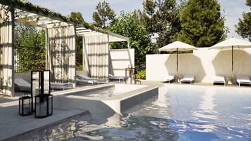 Outdoor pool, open 7:00 AM to 7:00 PM, sun loungers