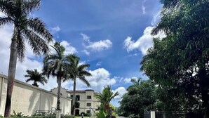 Un jardín bien cuidado con una estatua, palmeras y un edificio al fondo.