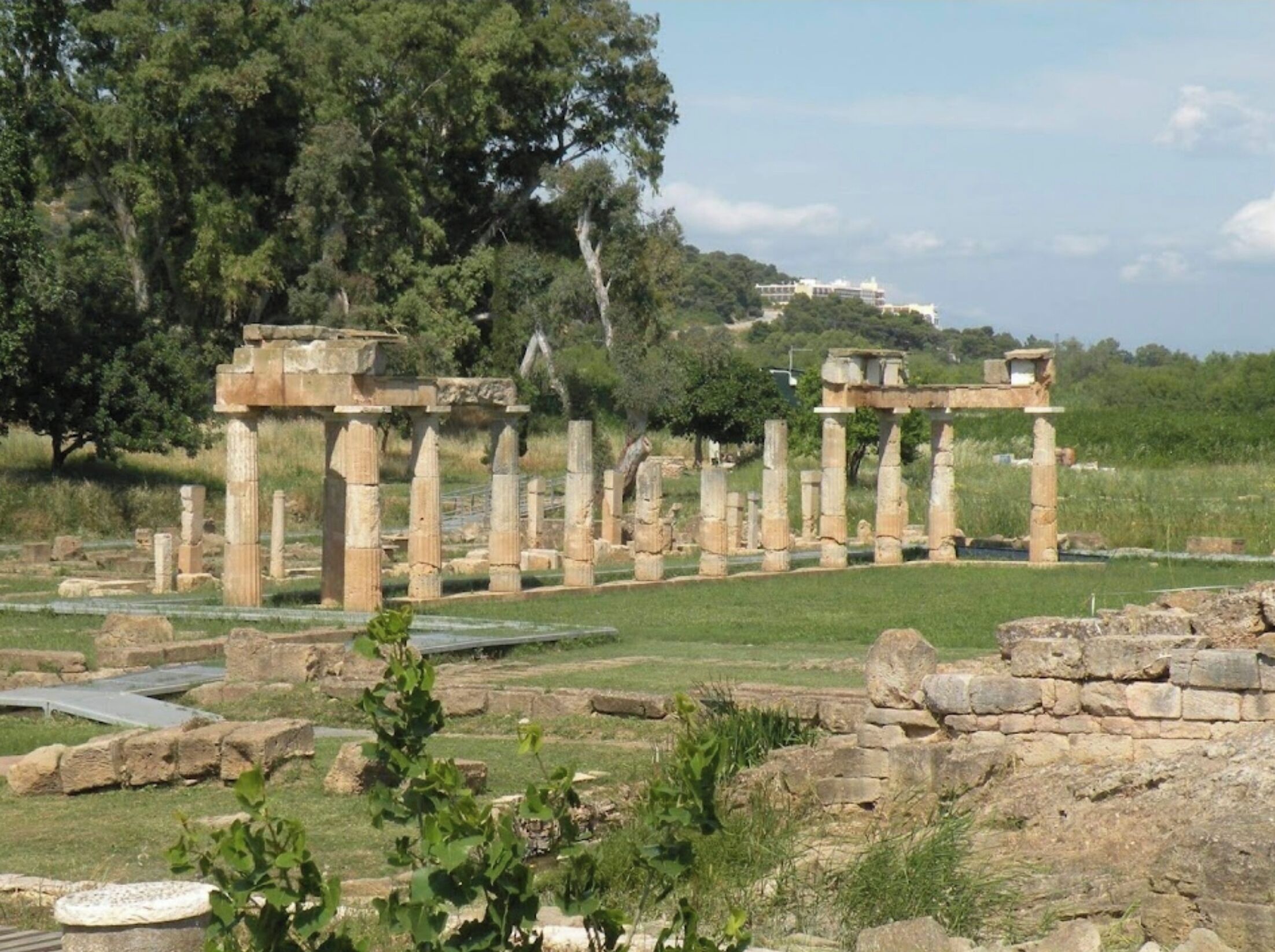 Ancient ruins with stone columns and a grassy field.