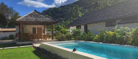 Outdoor pool, pool umbrellas, pool loungers