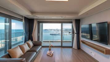 Room, 2 Bedrooms, 2 Bathrooms, Sea View (Self Check-in) | Living area | LCD TV, heated floors