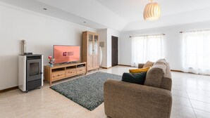 Moderni olohuone, jossa on takka, televisio, kaappi ja sohva.