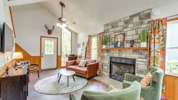 TV, fireplace, DVD player, books