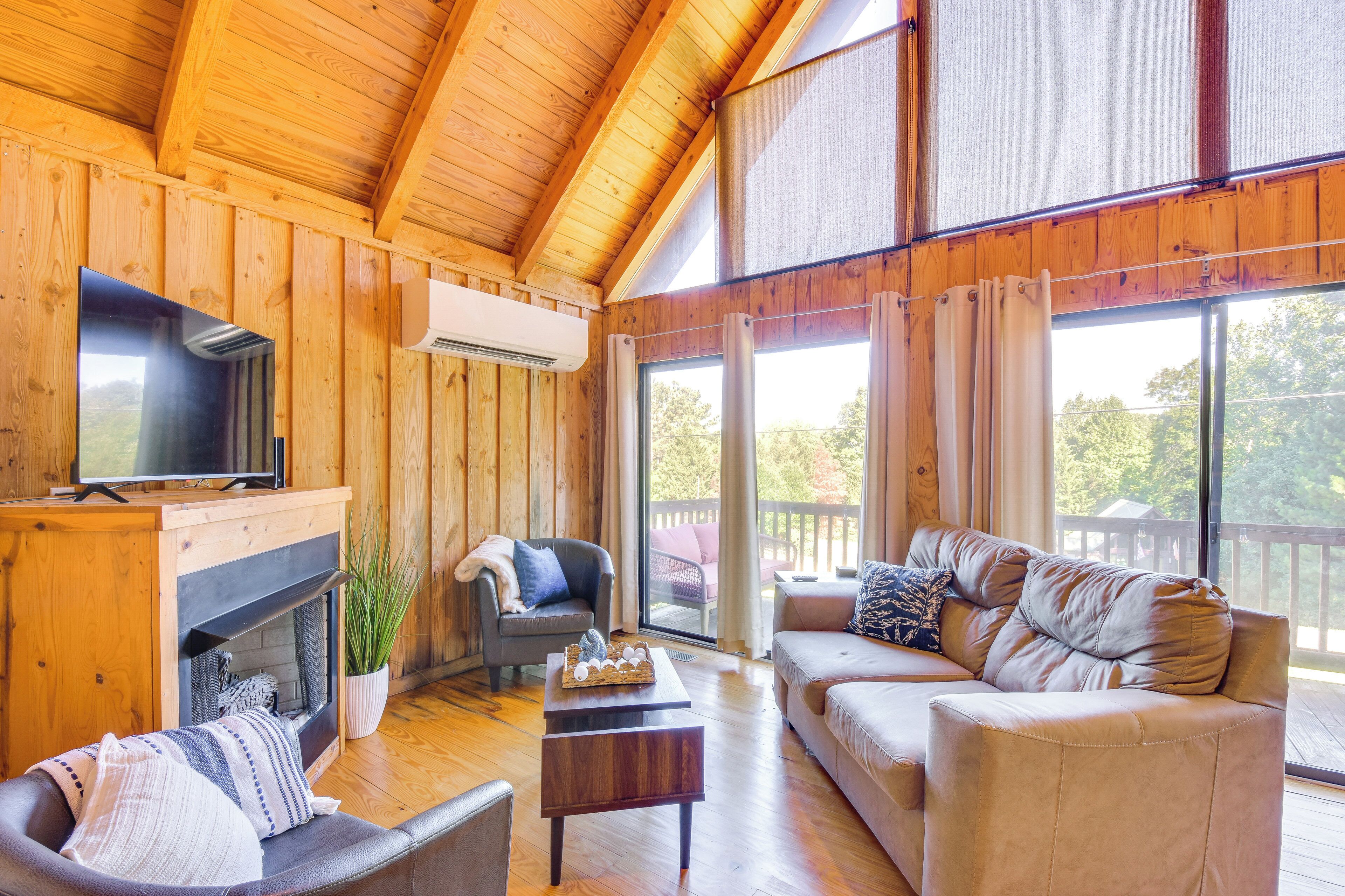 TV, fireplace, books