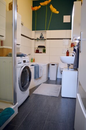 Shower, hair dryer, towels