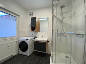 Shower, hair dryer, towels