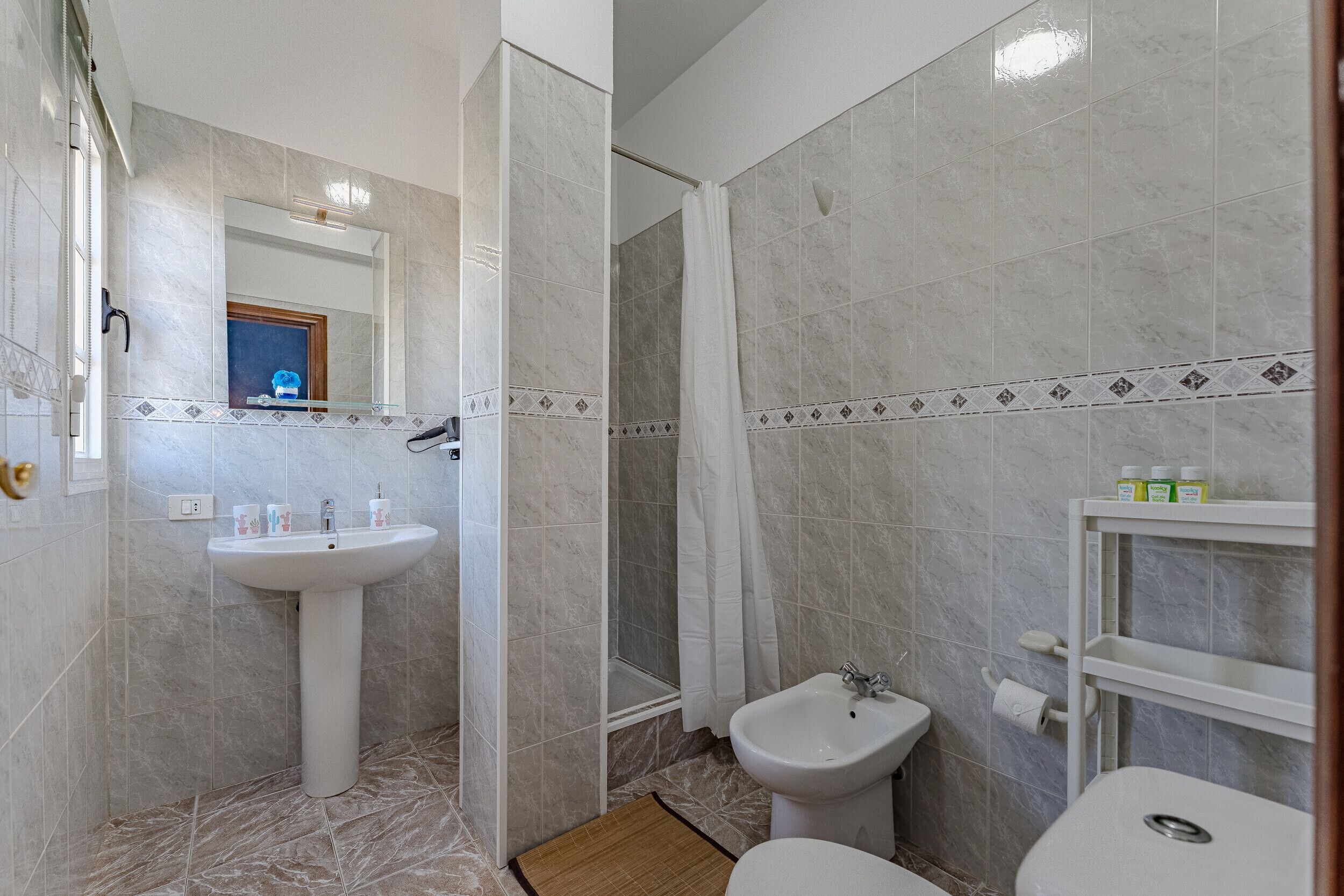 Une salle de bain avec un lavabo sur colonne, un bidet, une douche avec rideau et des toilettes.