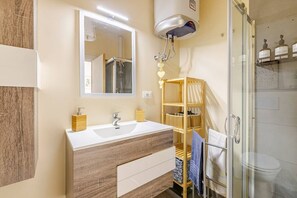 Shower, hair dryer, bidet, towels