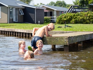 A wooden dock extending into a body of water with a grassy area and houses in the background.