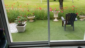 Vista a través de un ventanal a un patio con césped, plantas en macetas y mobiliario exterior.