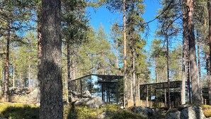 Una cabaña moderna en un bosque con cielo despejado.