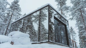 Una cabaña de madera cubierta de nieve con techo triangular, rodeada de altos pinos.