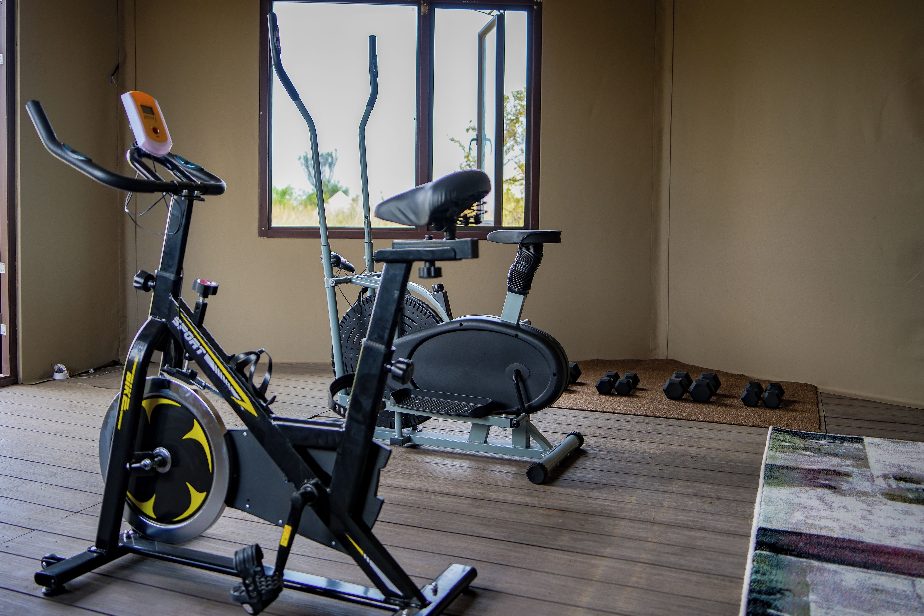 A home gym with an exercise bike, a stationary bike, and dumbbells.