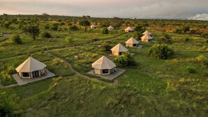 A series of dome-shaped tents arranged in a linear fashion across a grassy field with a clear sky above. - Malaika Mara River Luxury Camp (Serengeti)