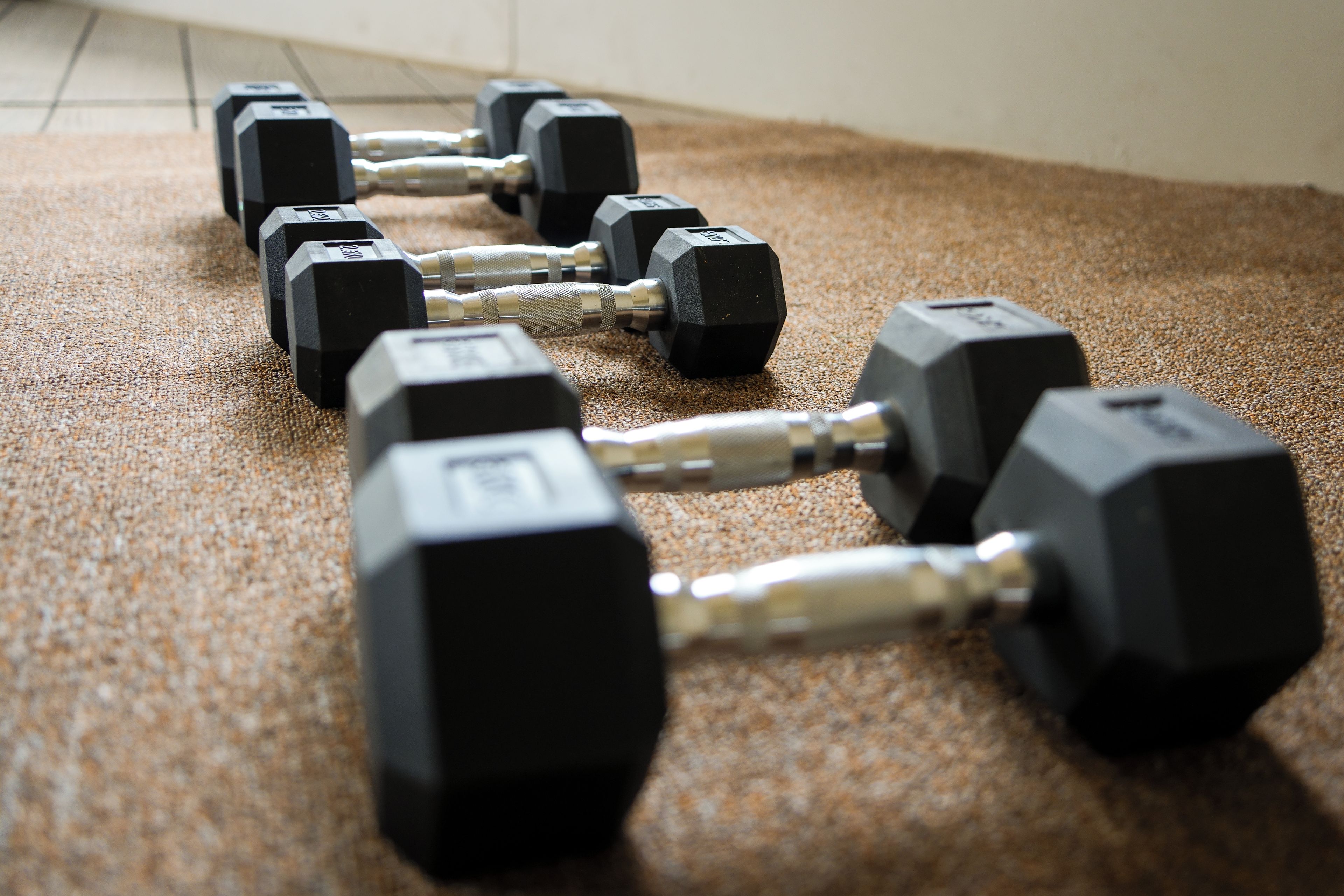 A set of black dumbbells arranged on a textured carpet.