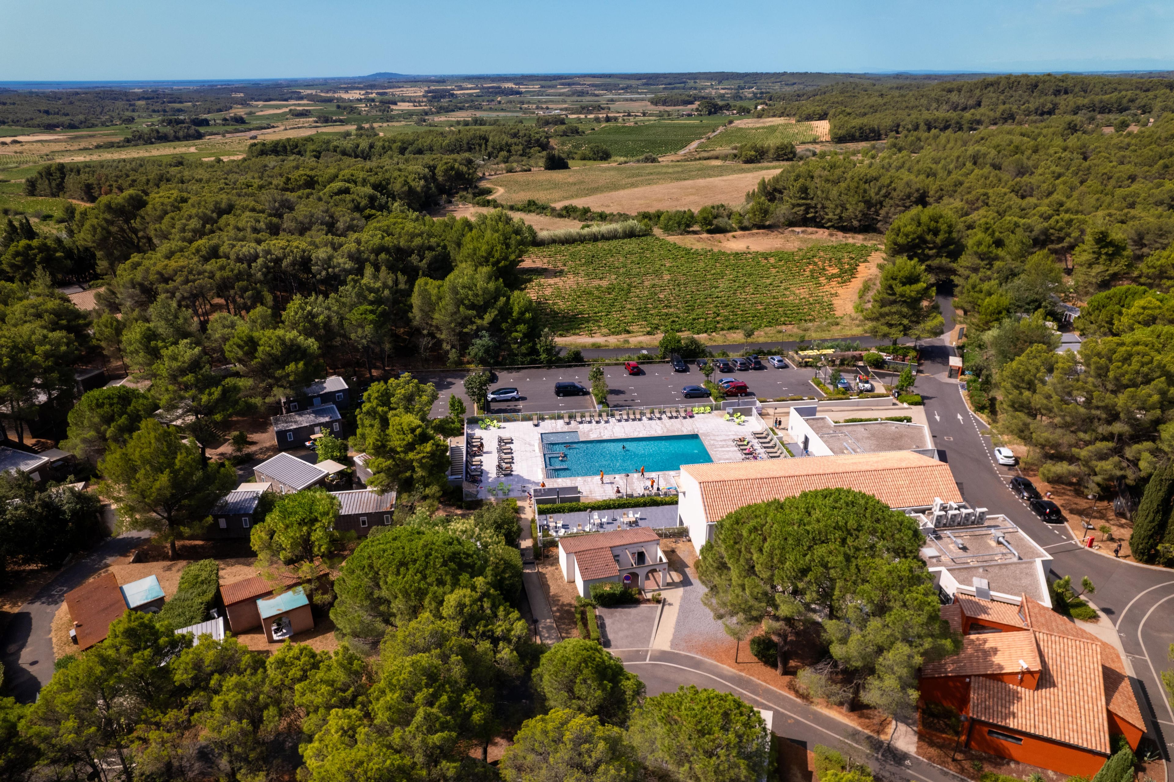 Vue aérienne d’un complexe hôtelier doté d’une piscine, de villas et de vignobles environnants.