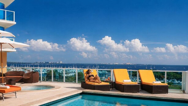Ein Poolbereich mit Liegestühlen, einem Pool und Blick auf das Meer und den Yachthafen.