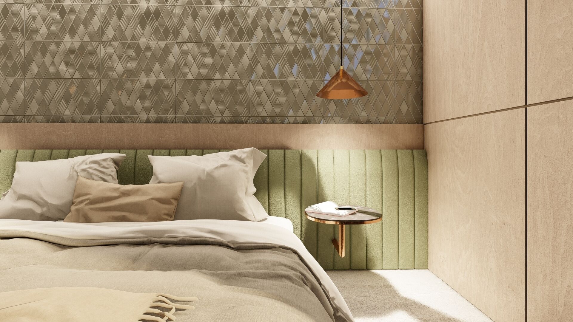 A modern bedroom with a geometric patterned wall, a green upholstered headboard, a round bedside table with a book, and a hanging pendant light.