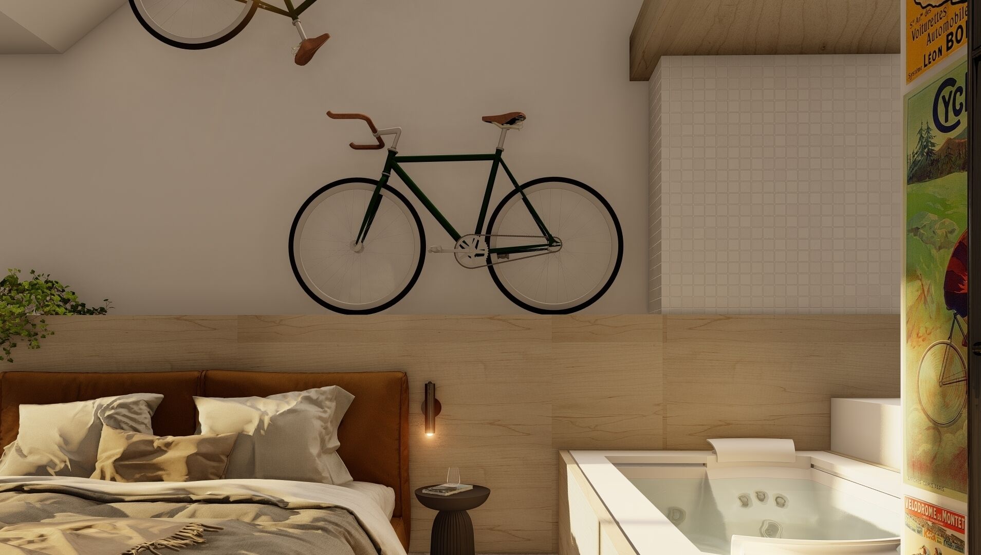 Une chambre d’hôtel moderne avec une tête de lit en bois, un grand lit, une petite table ronde avec un verre, et une baignoire.
