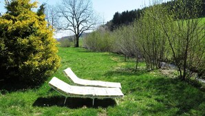 A grassy area with a pair of empty lounge chairs. - Historic Retreat, St. Georgen (Sankt Georgen im Schwarzwald)