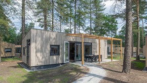 A modern, single-story cabin with a wooden exterior, a covered outdoor seating area, and a gravel path leading to the entrance. - Chalet in Eindhoven Near Green Forests (Mierlo)