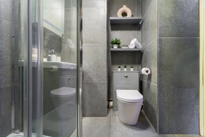 Shower, hair dryer, towels, shampoo